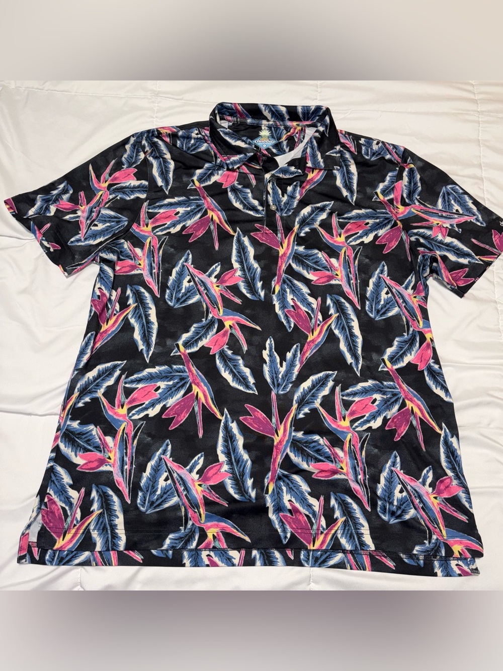 Chubbies Tech Polo Birds Of Paradise Mens Large Black Pink Blue Tropical Shirt